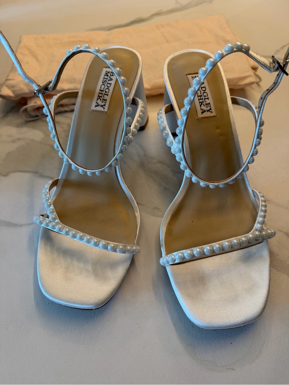 Badgley Mischka Ivory Pearl-Embellished Strappy Heels